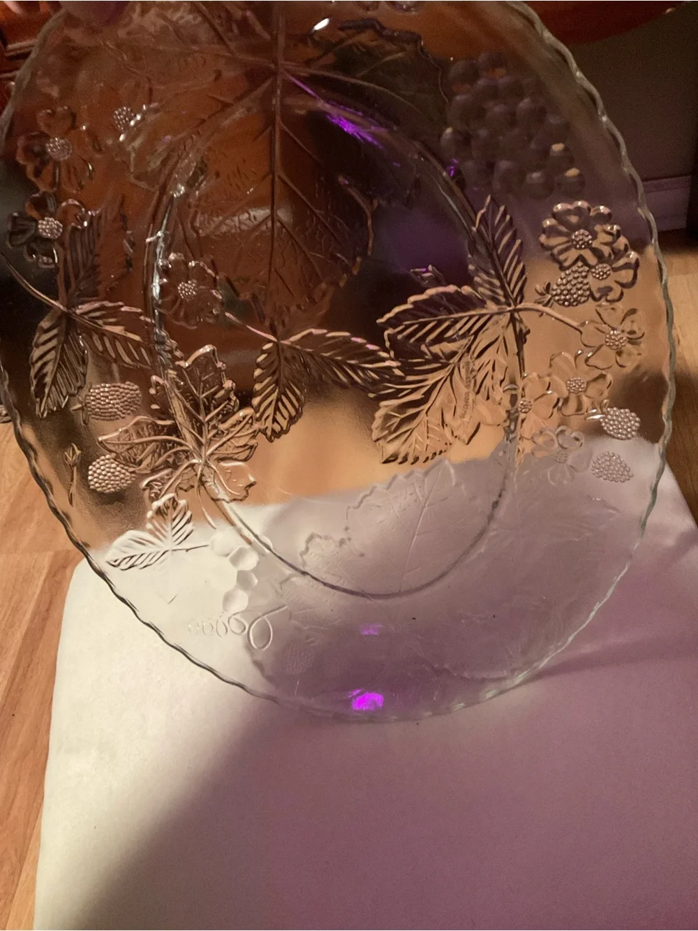 Oval Clear Glass Serving Platter with Leaf & Grape Relief